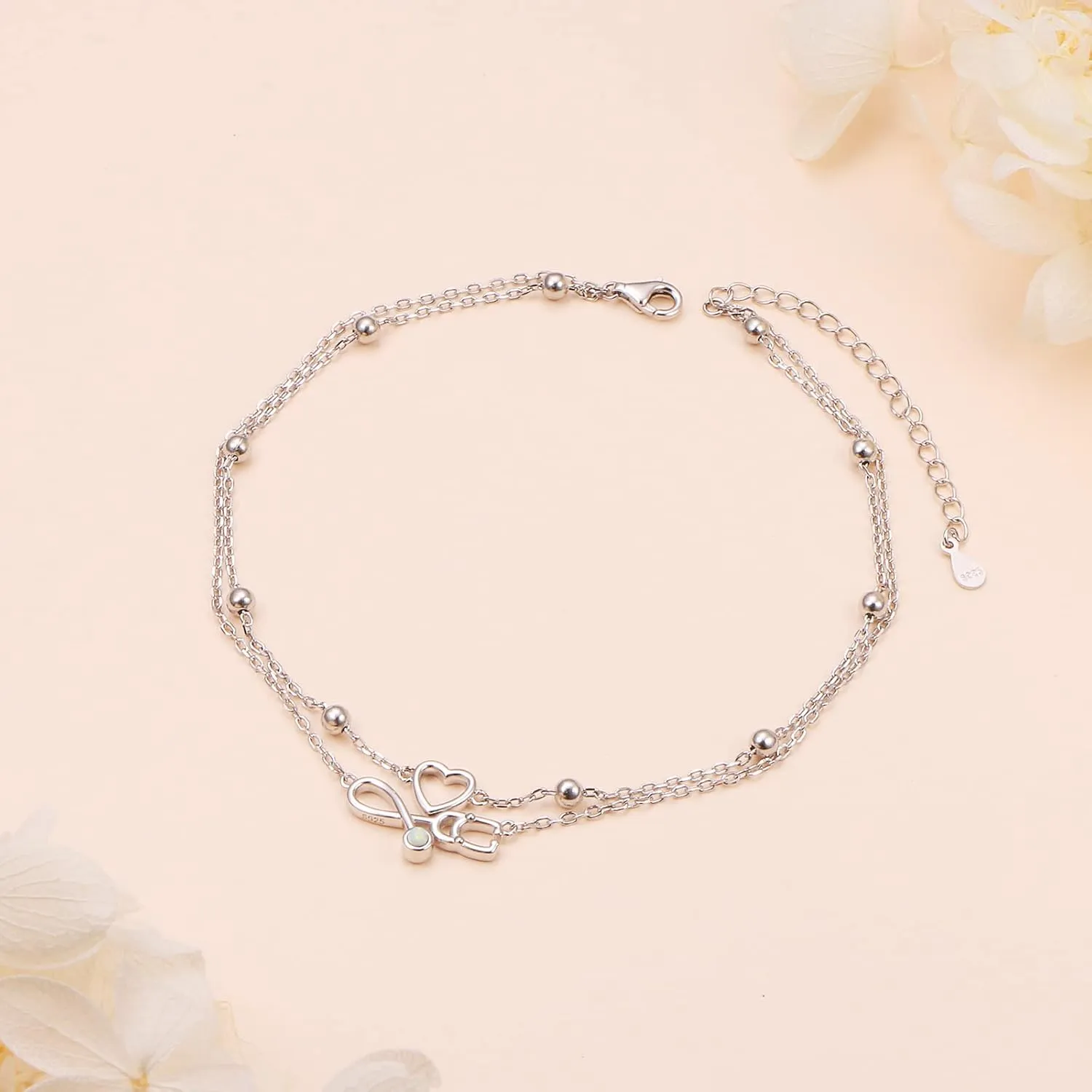 FLYOW Anklet for Women S925 Sterling Silver Adjustable Foot Beaded Heart Charm Ankle Bracelet Anklets Jewelry