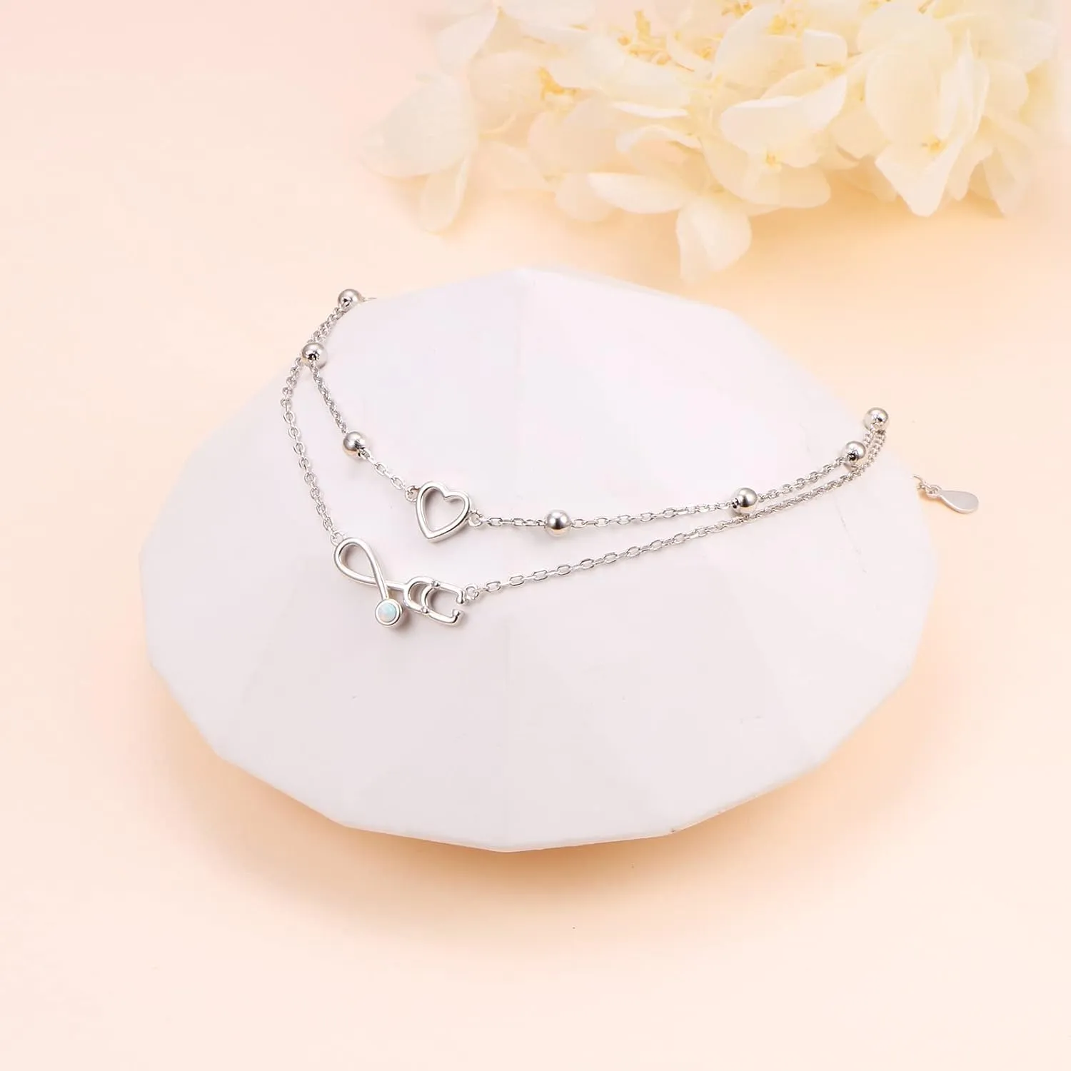 FLYOW Anklet for Women S925 Sterling Silver Adjustable Foot Beaded Heart Charm Ankle Bracelet Anklets Jewelry