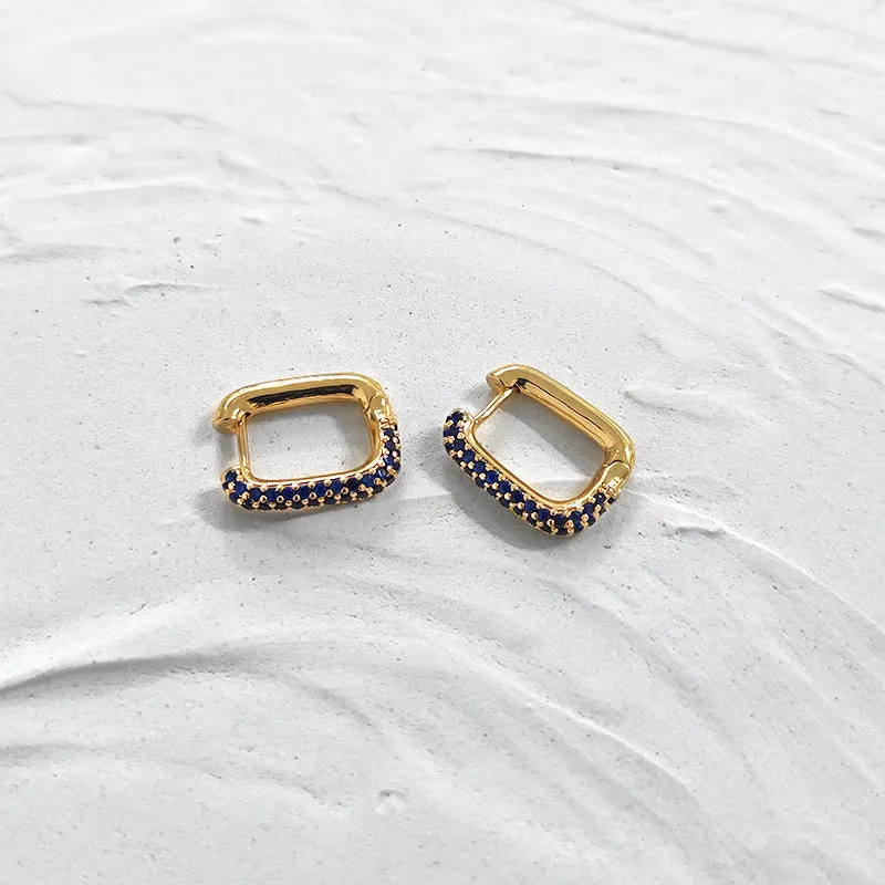 Geometric Gold Square Hoop Earrings with Blue Crystal Detailing-jlt11557