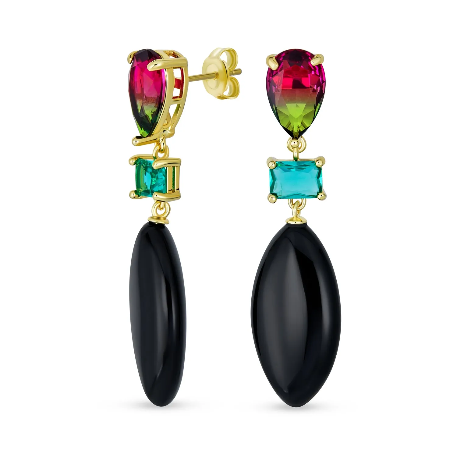 Geometric Rhombus Teardrop Gemstone CZ Dangling Earrings Gold Plated