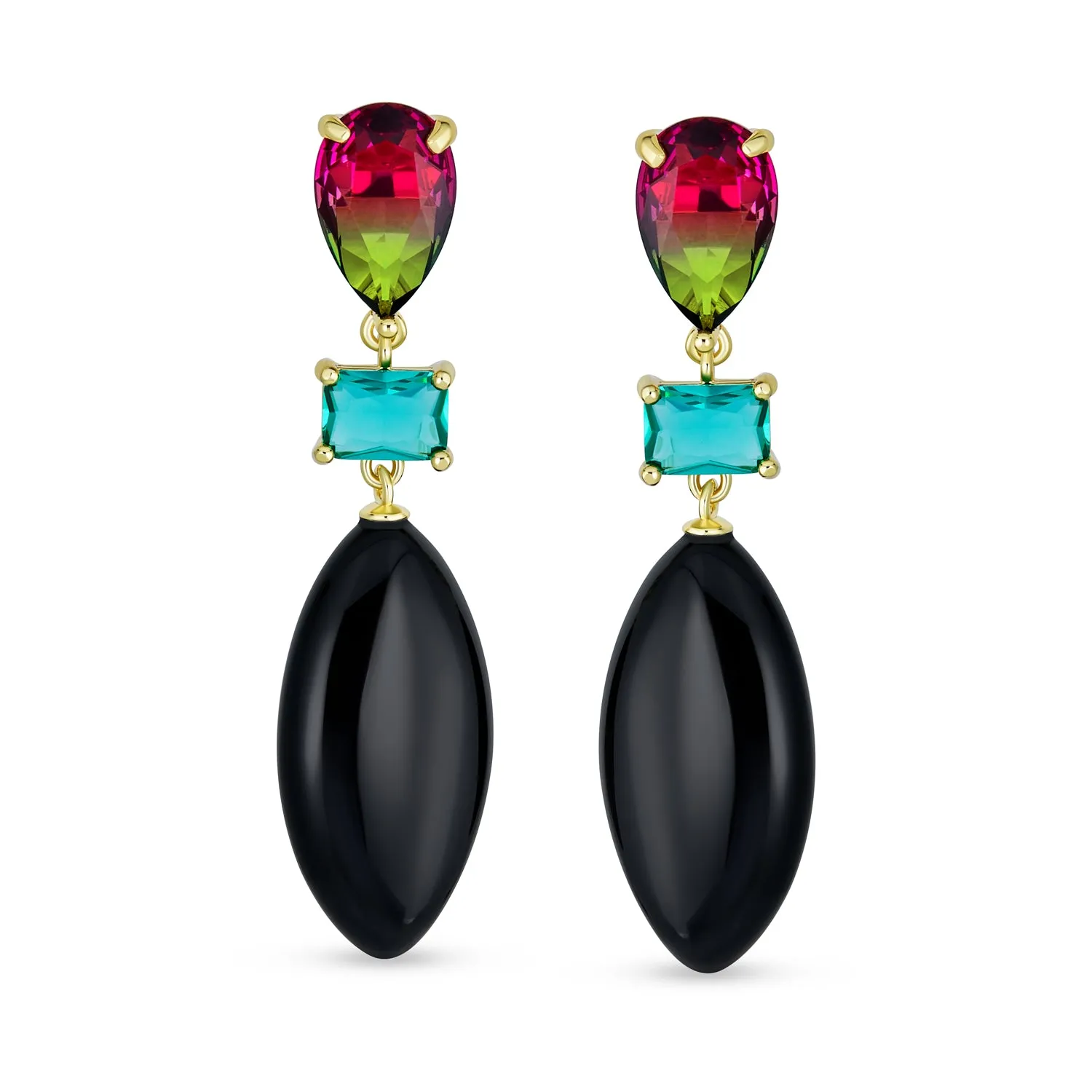 Geometric Rhombus Teardrop Gemstone CZ Dangling Earrings Gold Plated