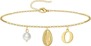 Gold Ankle Bracelet for Women, 14K Gold Plated Waterproof Seashell Initial Anklets, Summer Jewelry Gifts for Women
