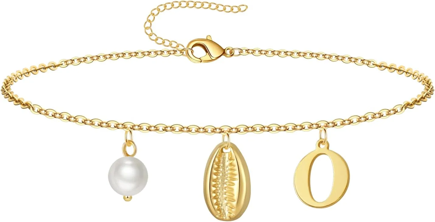 Gold Ankle Bracelet for Women, 14K Gold Plated Waterproof Seashell Initial Anklets, Summer Jewelry Gifts for Women