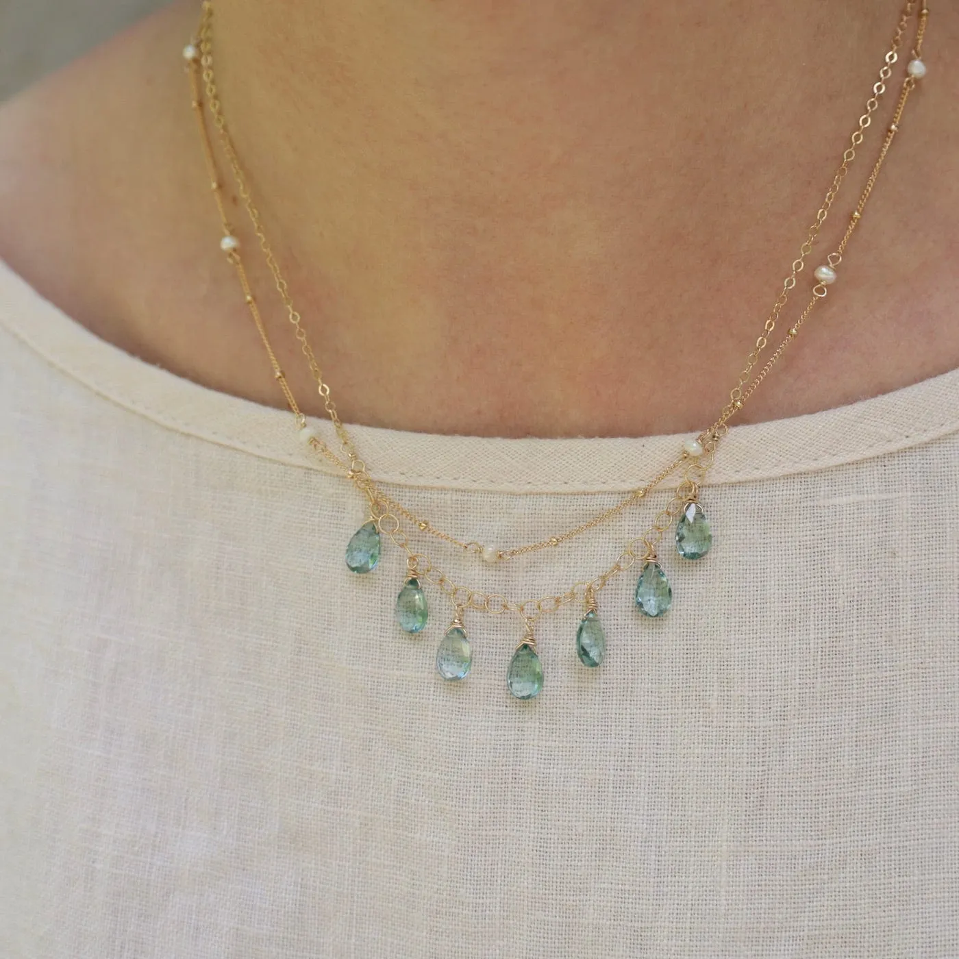 Gold Filled Chain with 7 Blue Topaz Drops  Necklace