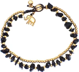 Handmade Black Obsidian Stone Elephant Charm Brass Beads Anklets Bracelet 10 Inches