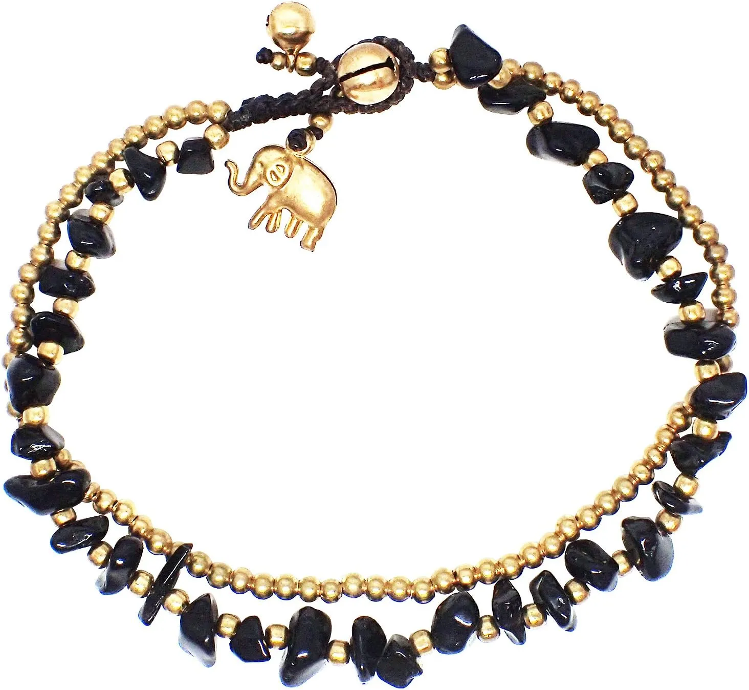 Handmade Black Obsidian Stone Elephant Charm Brass Beads Anklets Bracelet 10 Inches