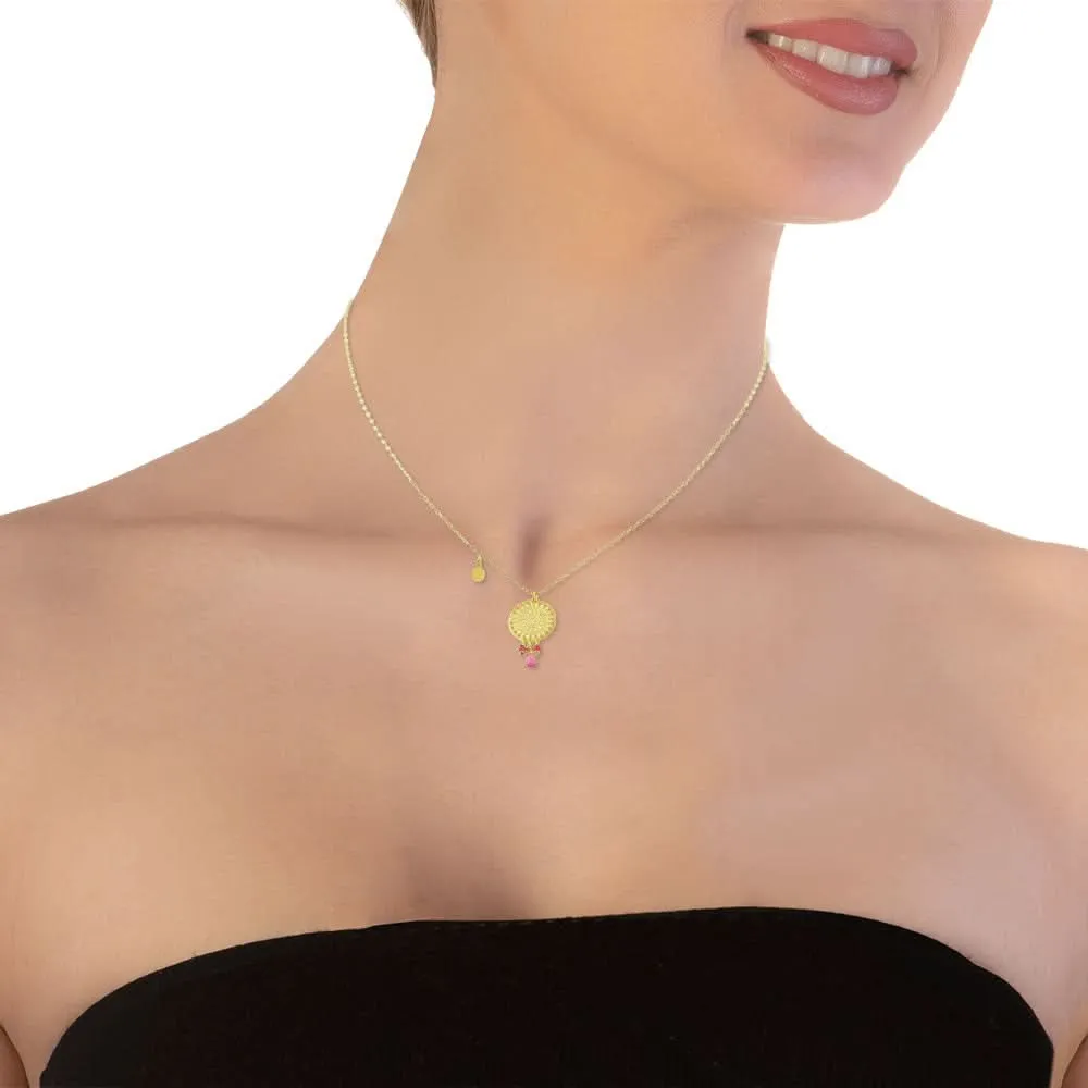 Handmade Short Gold Plated Silver Chain Necklace Coin With Rubies