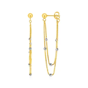 Hanging Chain Post Earrings Bead Accents in 14k Yellow and White Gold
