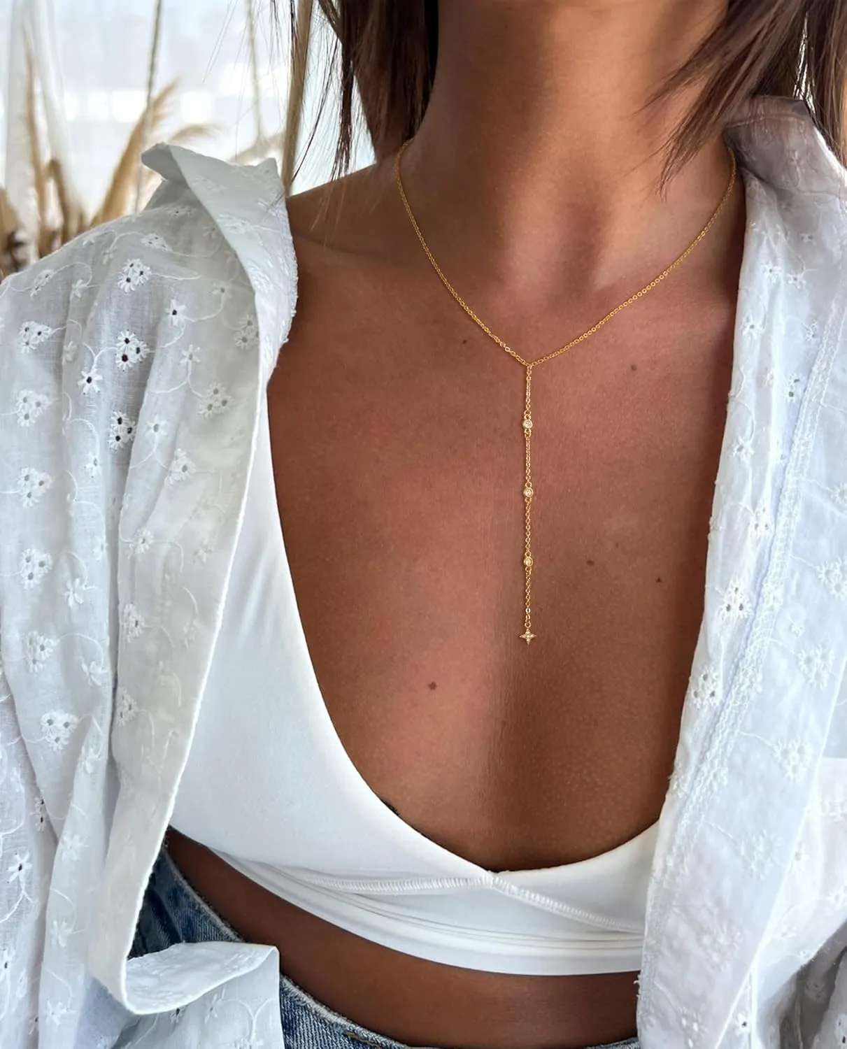 Lariat Gold Necklace for Women Trendy Long Necklace Dainty 14k Gold Plated/Silver Y Pendant Necklace Y-Shaped Drop Dangle Chain Necklace Simple CZ Cross Heart Layered Star Necklace for Women Jewelry