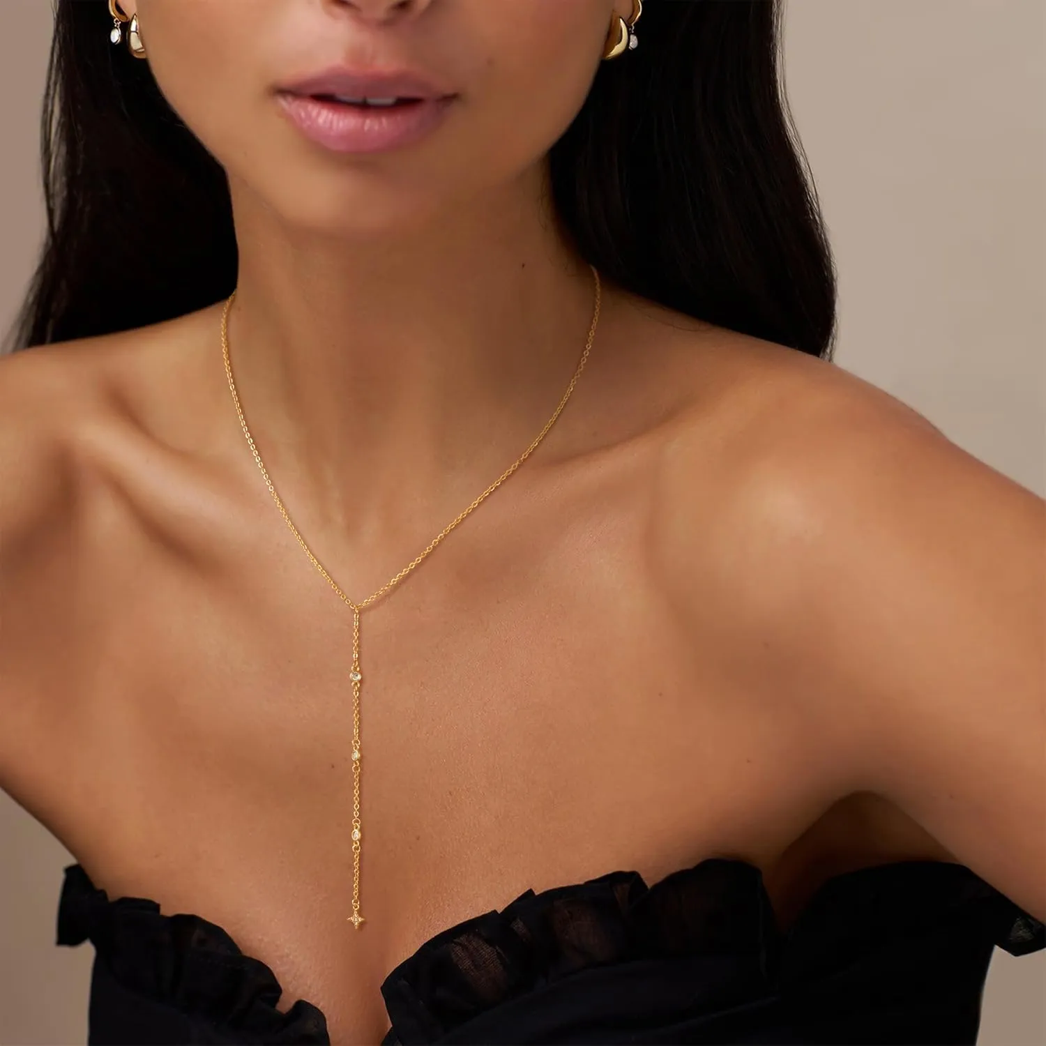 Lariat Gold Necklace for Women Trendy Long Necklace Dainty 14k Gold Plated/Silver Y Pendant Necklace Y-Shaped Drop Dangle Chain Necklace Simple CZ Cross Heart Layered Star Necklace for Women Jewelry