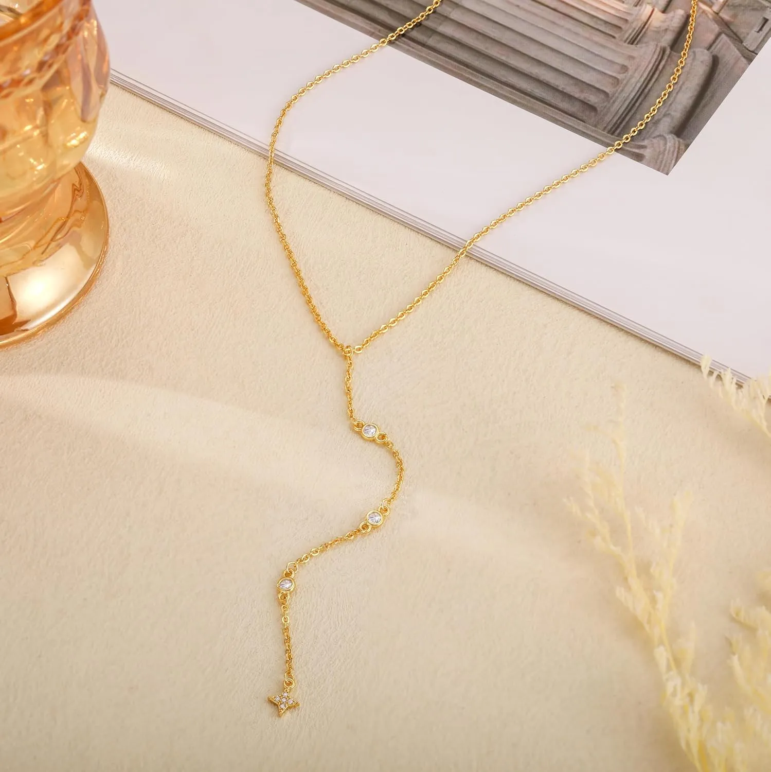 Lariat Gold Necklace for Women Trendy Long Necklace Dainty 14k Gold Plated/Silver Y Pendant Necklace Y-Shaped Drop Dangle Chain Necklace Simple CZ Cross Heart Layered Star Necklace for Women Jewelry