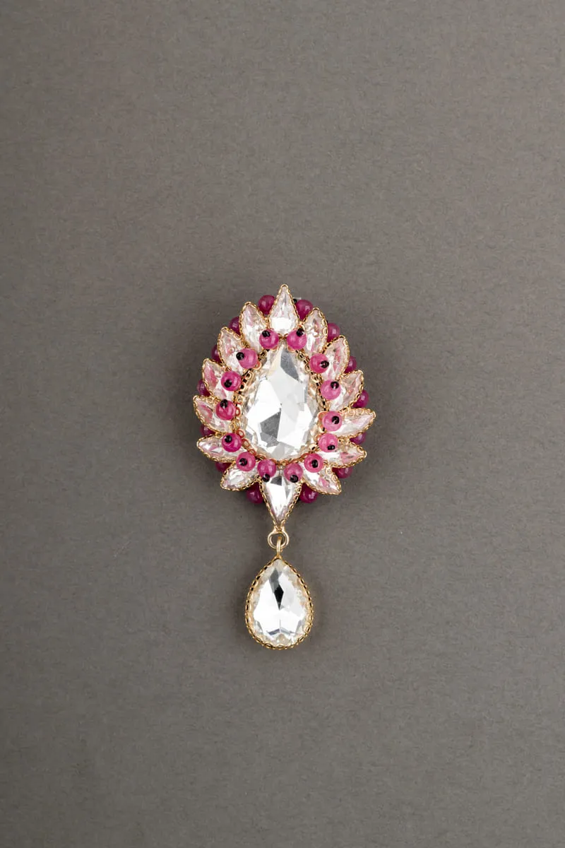 Maroon Stone And Crystal Brooch With Drop Detailing