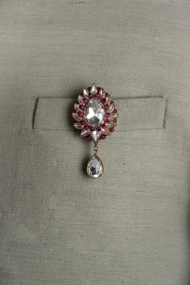 Maroon Stone And Crystal Brooch With Drop Detailing