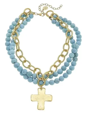 Matte Turquoise Multi Strand Cross Necklace by Susan Shaw