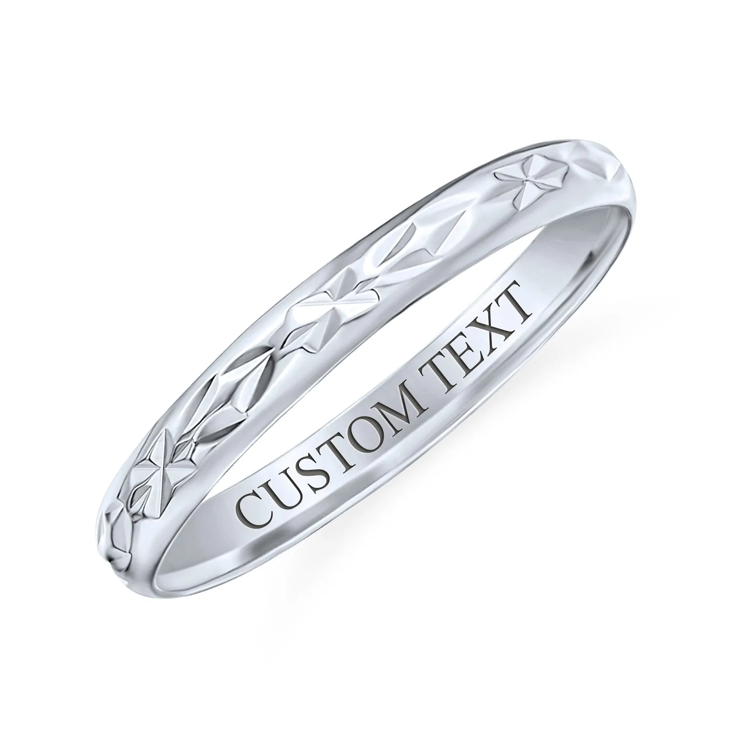 Mens Silver Ring: Elegant Diamond Cut Wedding Band with Striped Edge Pattern