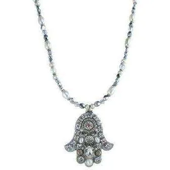 Michal Golan Swarovski Crystal and White Pearl Hamsa Necklace
