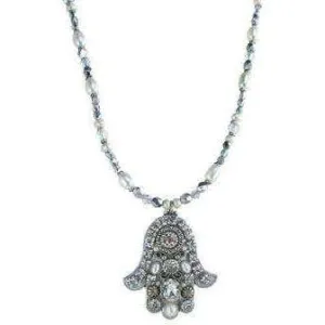 Michal Golan Swarovski Crystal and White Pearl Hamsa Necklace