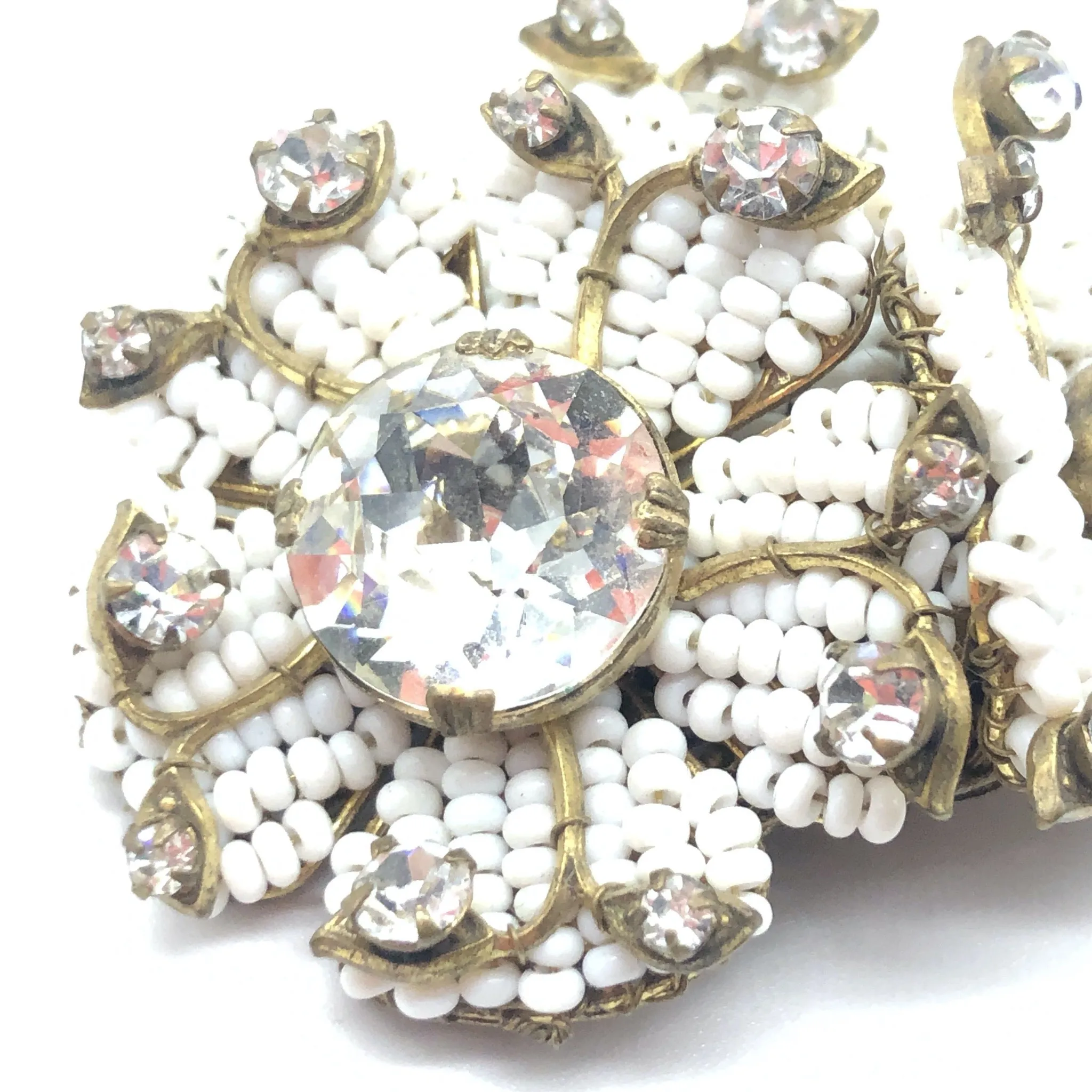 Miriam Haskell White Bead and Crystal Pin