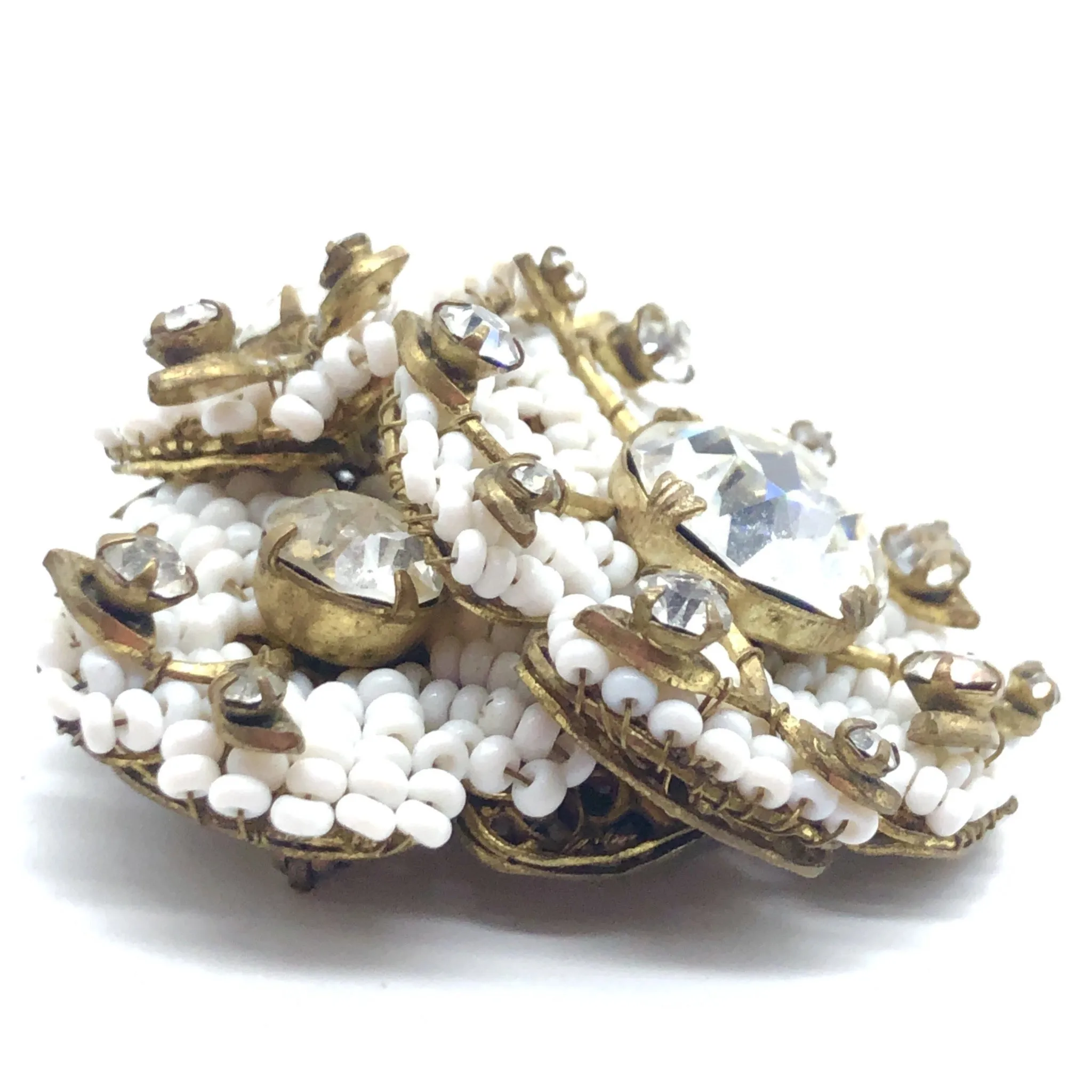 Miriam Haskell White Bead and Crystal Pin