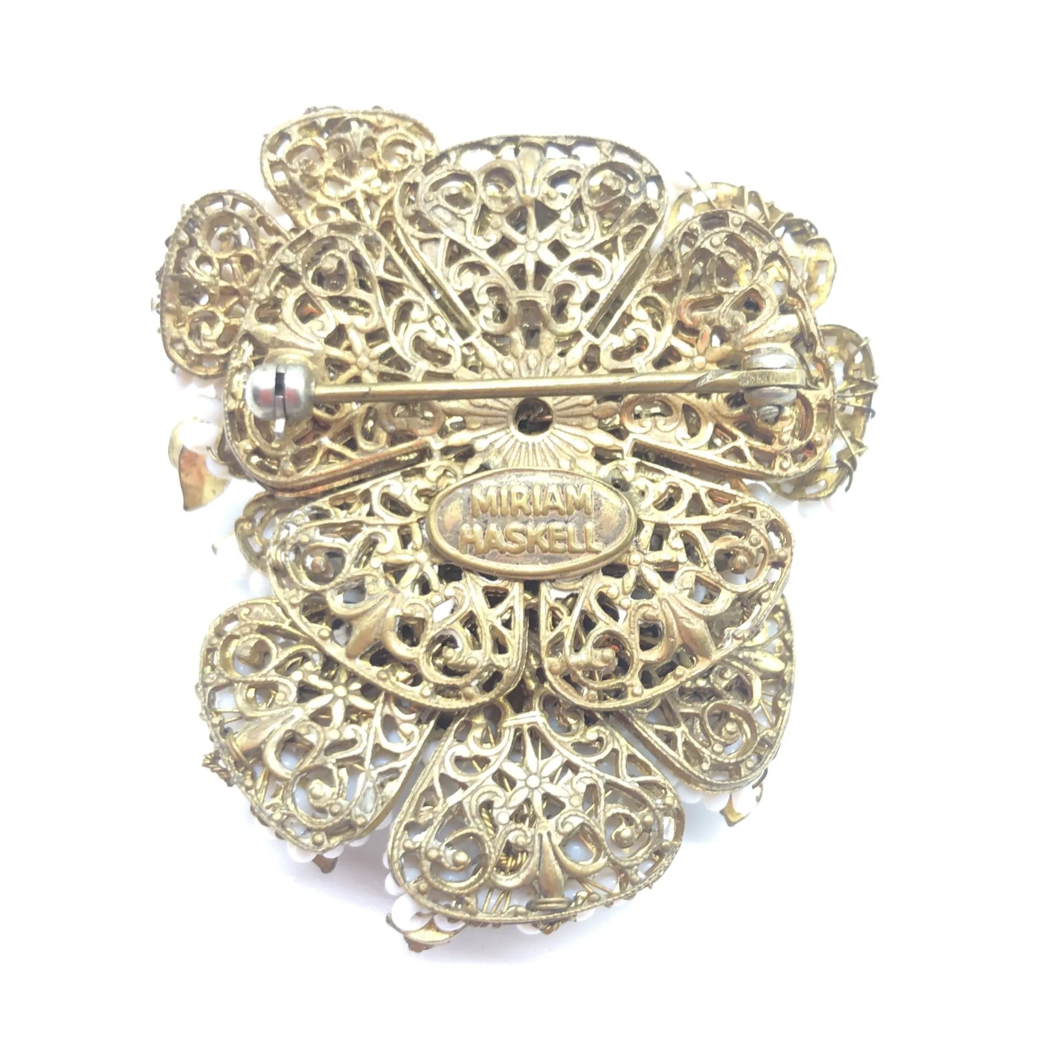 Miriam Haskell White Bead and Crystal Pin