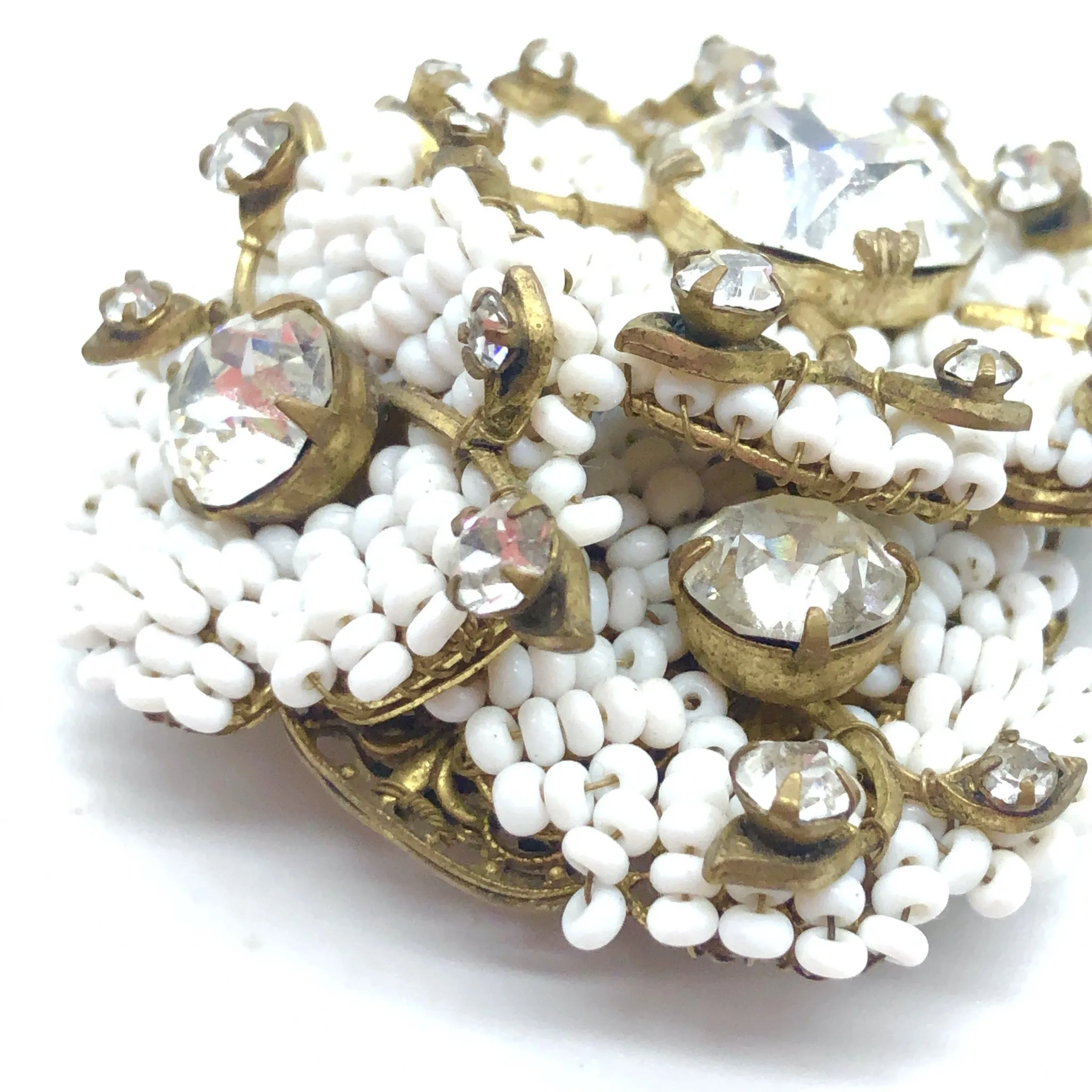 Miriam Haskell White Bead and Crystal Pin
