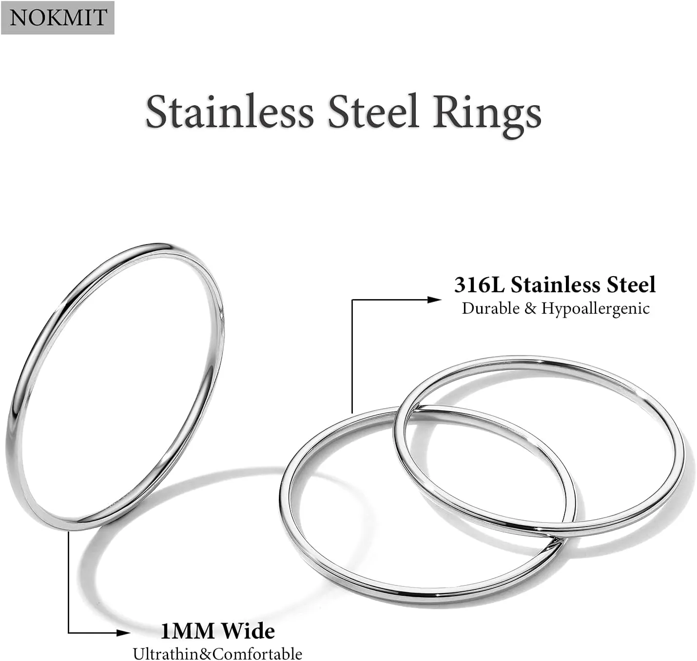 NOKMIT 3PCS 1mm Thin Silver Rings for Women Girls Slim Simple Stacking Stackable Ring Plain Thumb Pinky Band Smooth High Polished Non Tarnish Comfort Fit Size 5 to 10