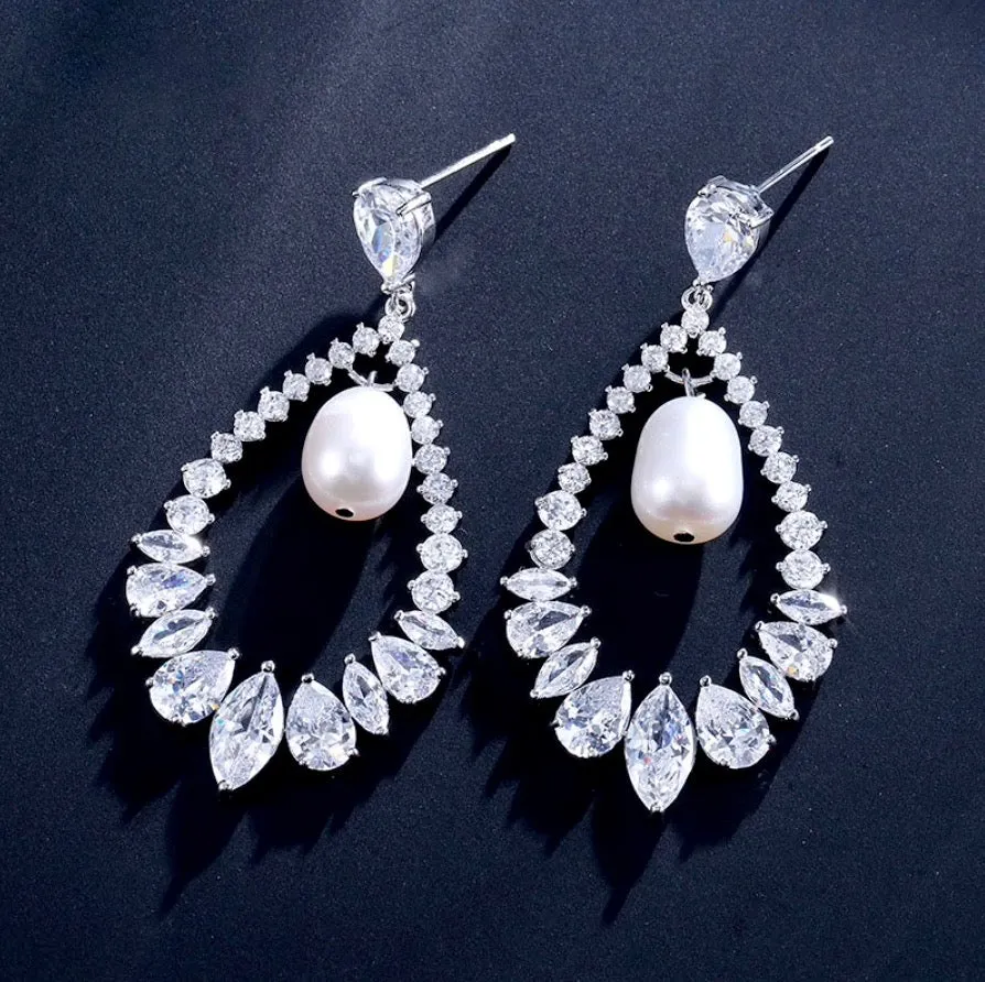 "Kaitlynn" - Pearl and Cubic Zirconia Bridal Earrings - Available in Silver and Rose Gold
