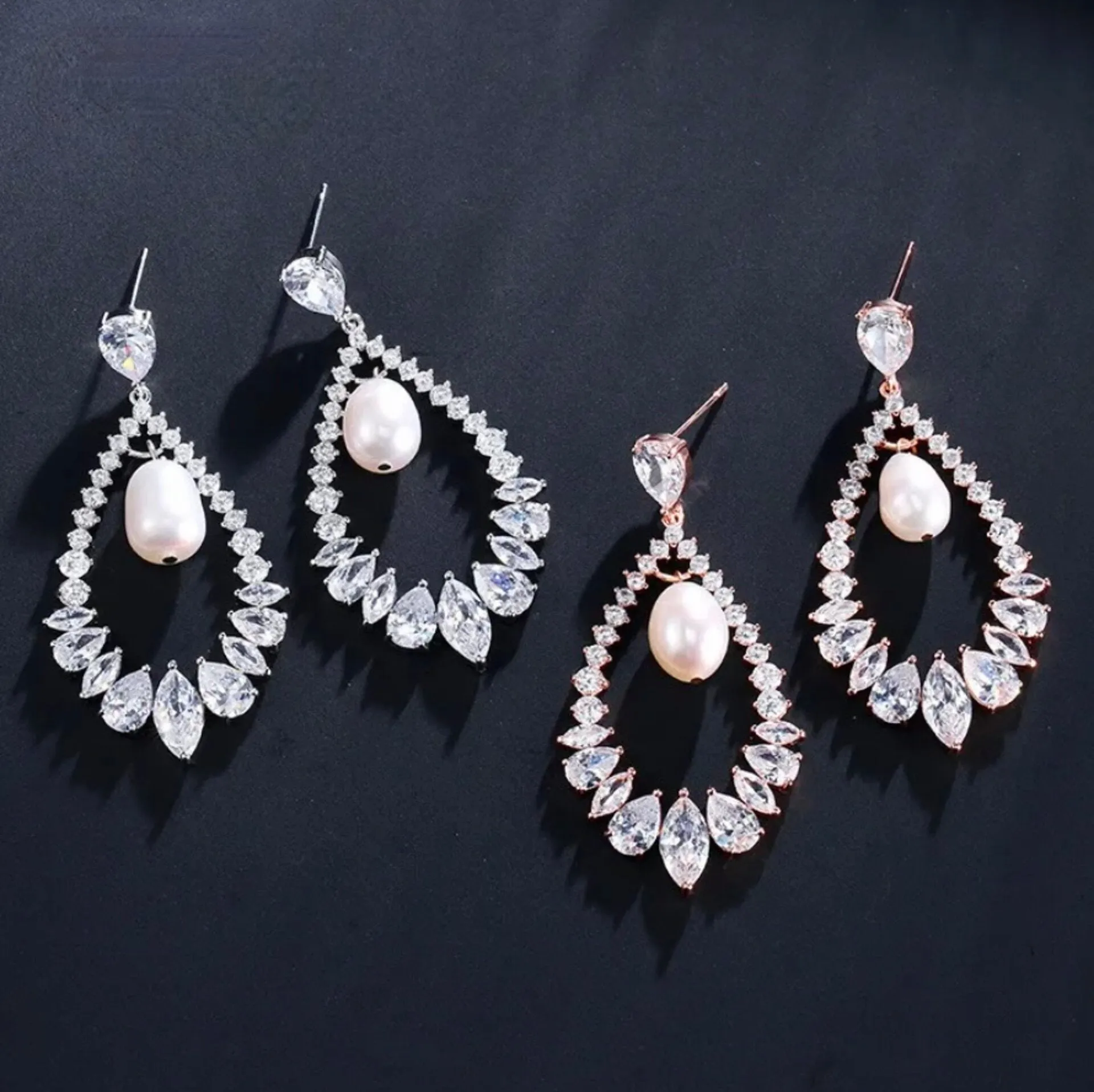 "Kaitlynn" - Pearl and Cubic Zirconia Bridal Earrings - Available in Silver and Rose Gold