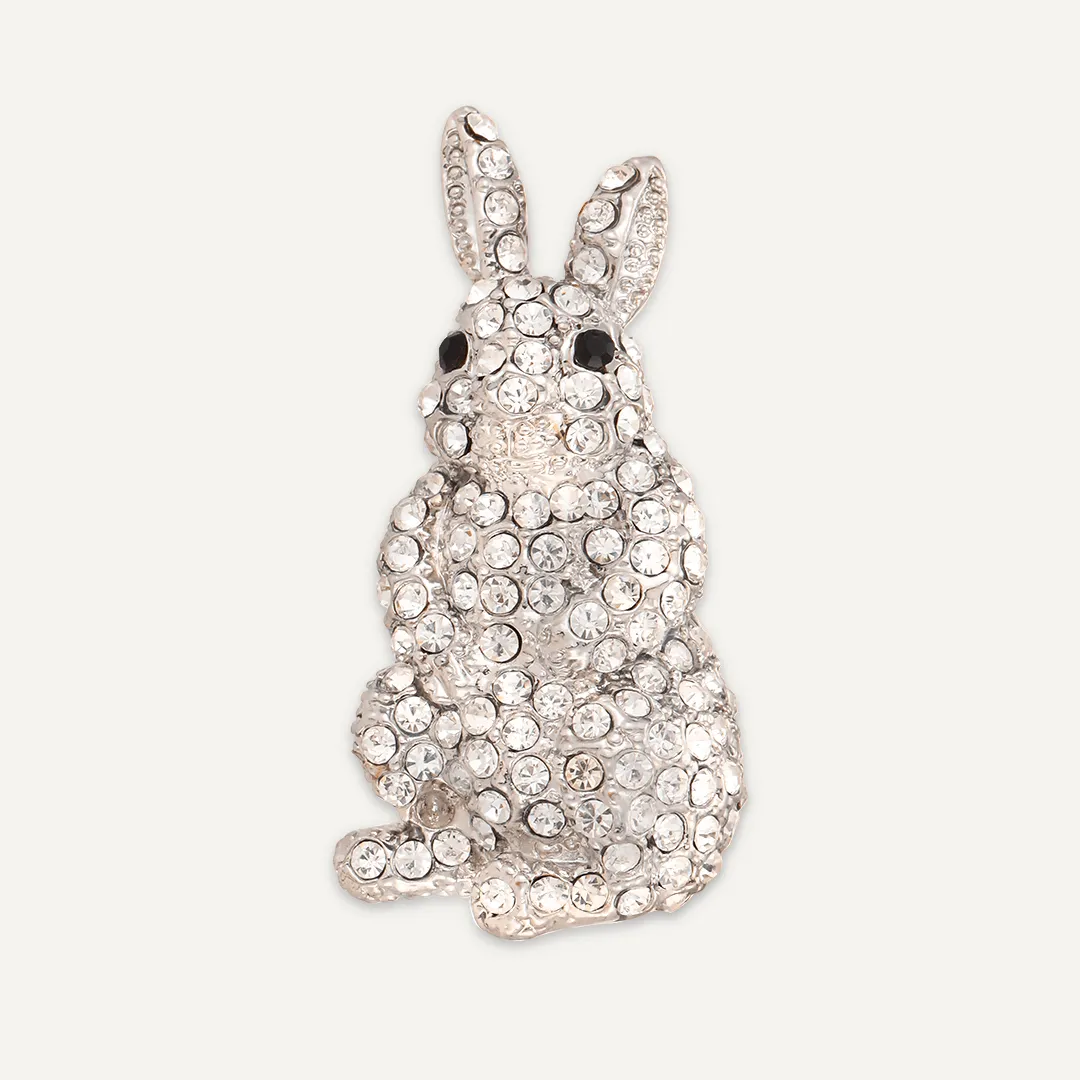 Rabbit Crystal Brooch In Silver-Tone