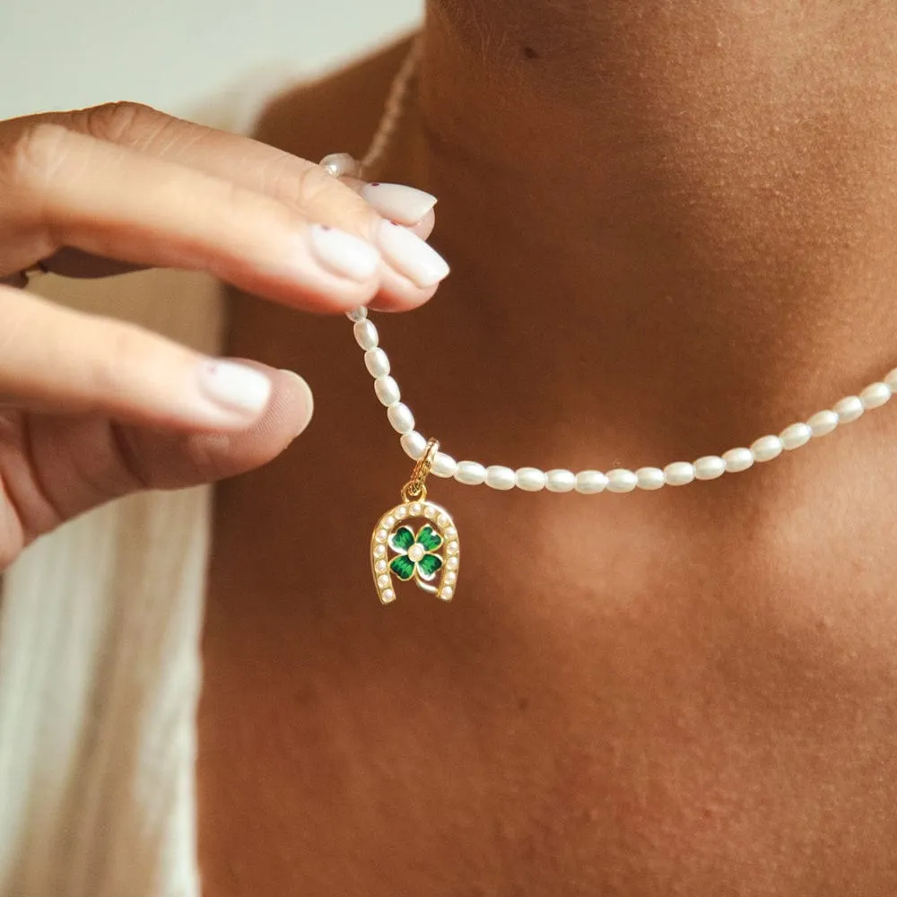 Shrimps Clover Charm Pearl Necklace 18ct Gold Plate