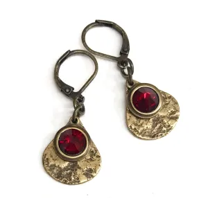 Siam Crystal Brass Teardrop Leverback Earrings