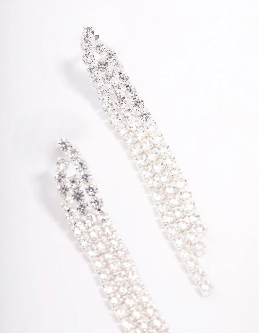 Silver Plated Brass  Triangular Cubic Zirconia Cup Chain Drop Earrings