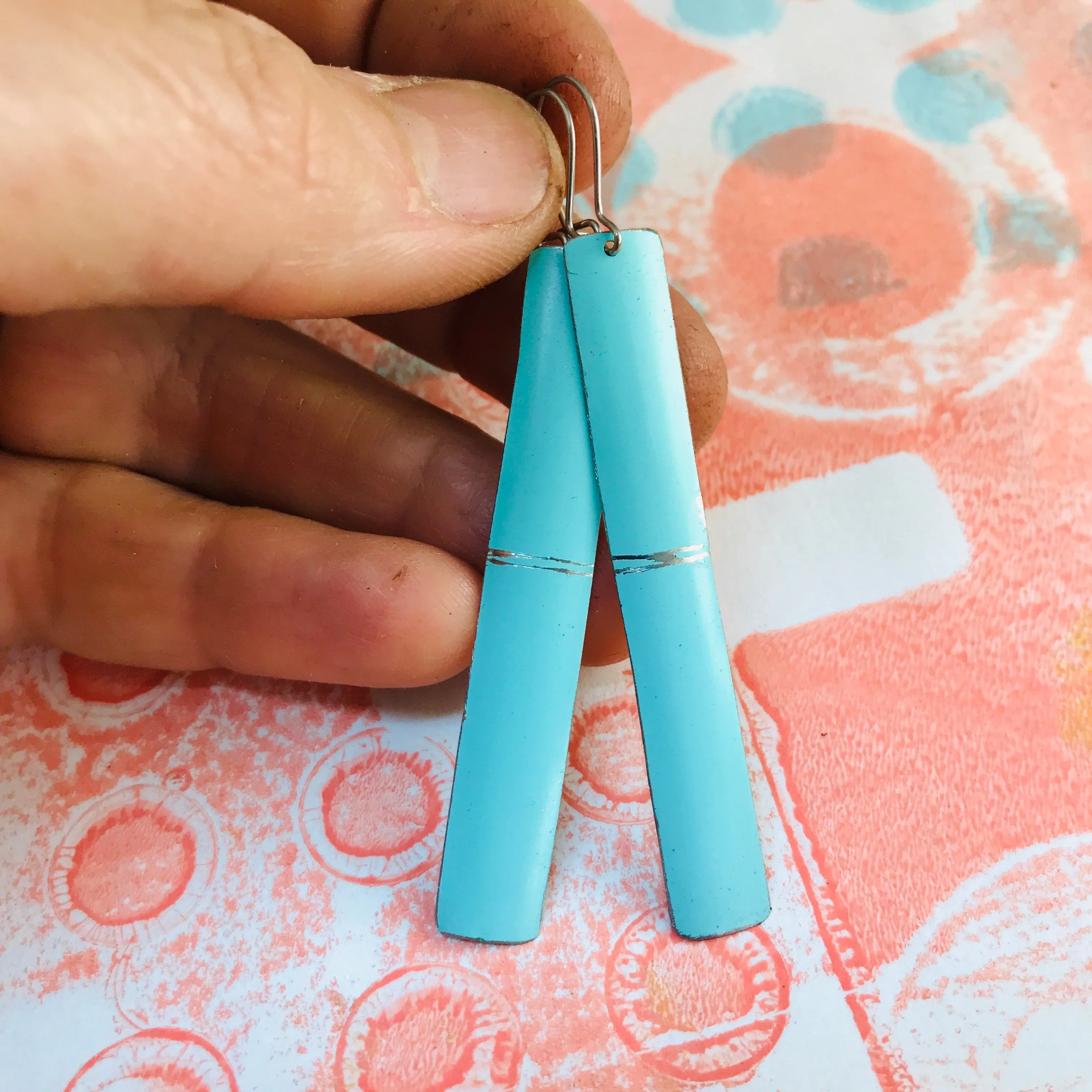 Simple Aqua Narrow Rectangle Tin Earrings