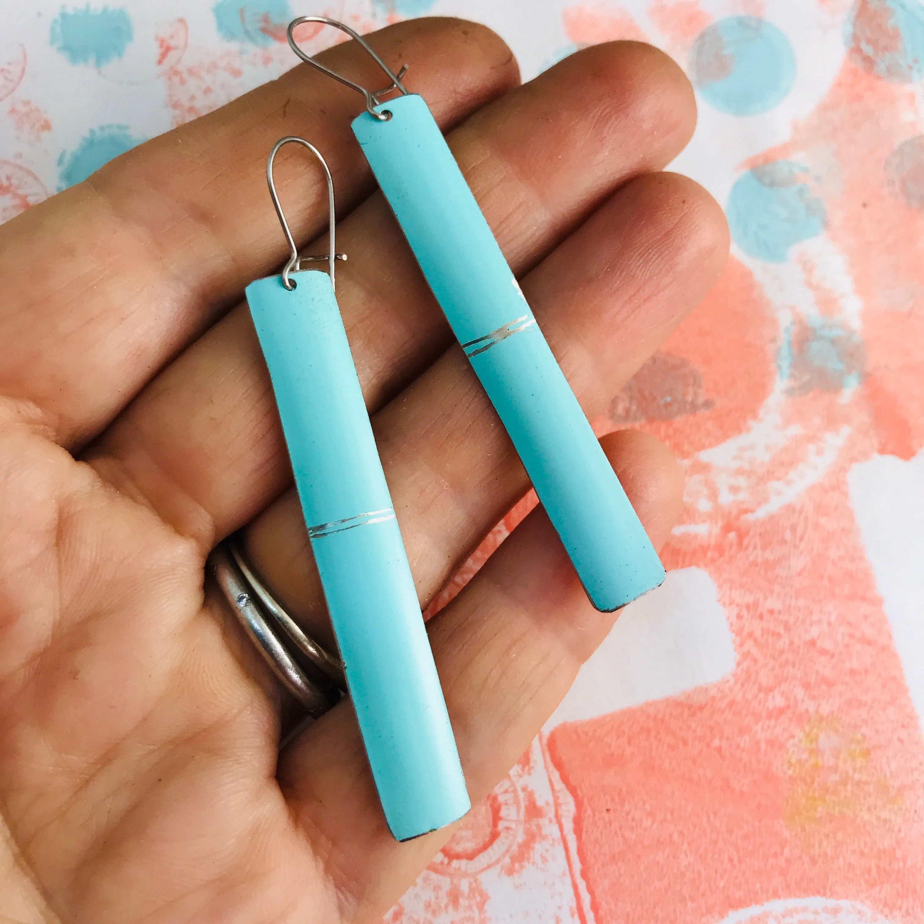 Simple Aqua Narrow Rectangle Tin Earrings