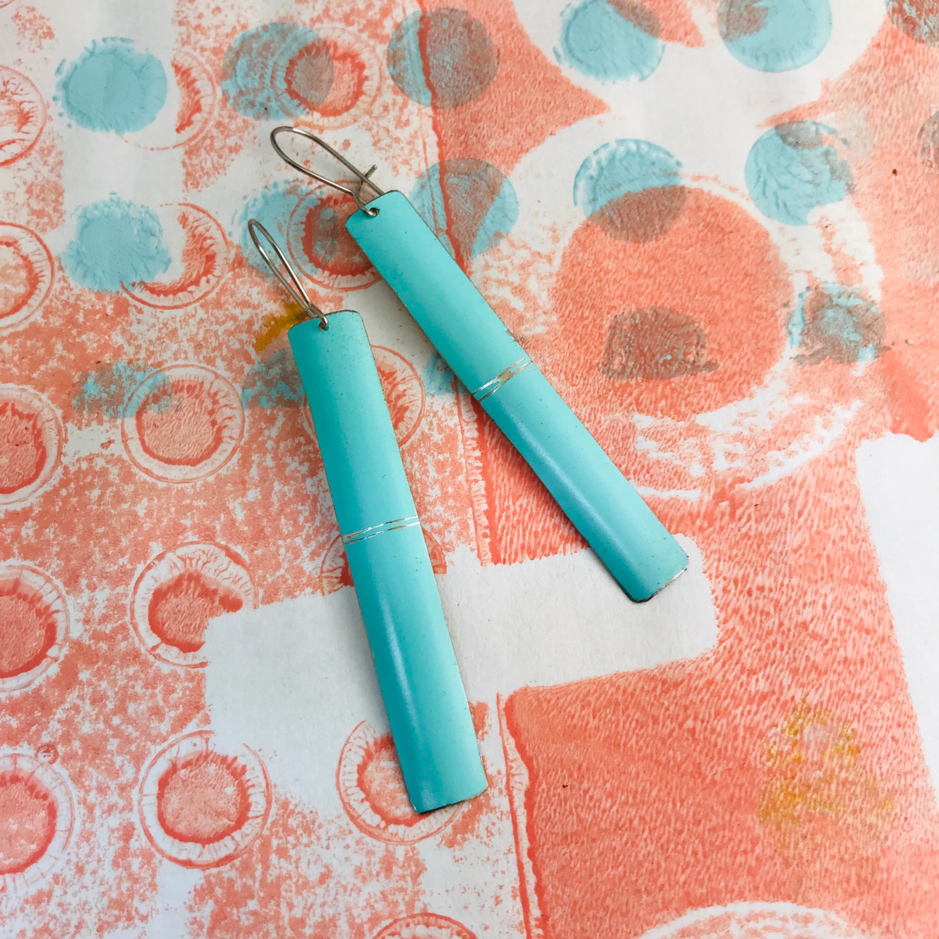 Simple Aqua Narrow Rectangle Tin Earrings