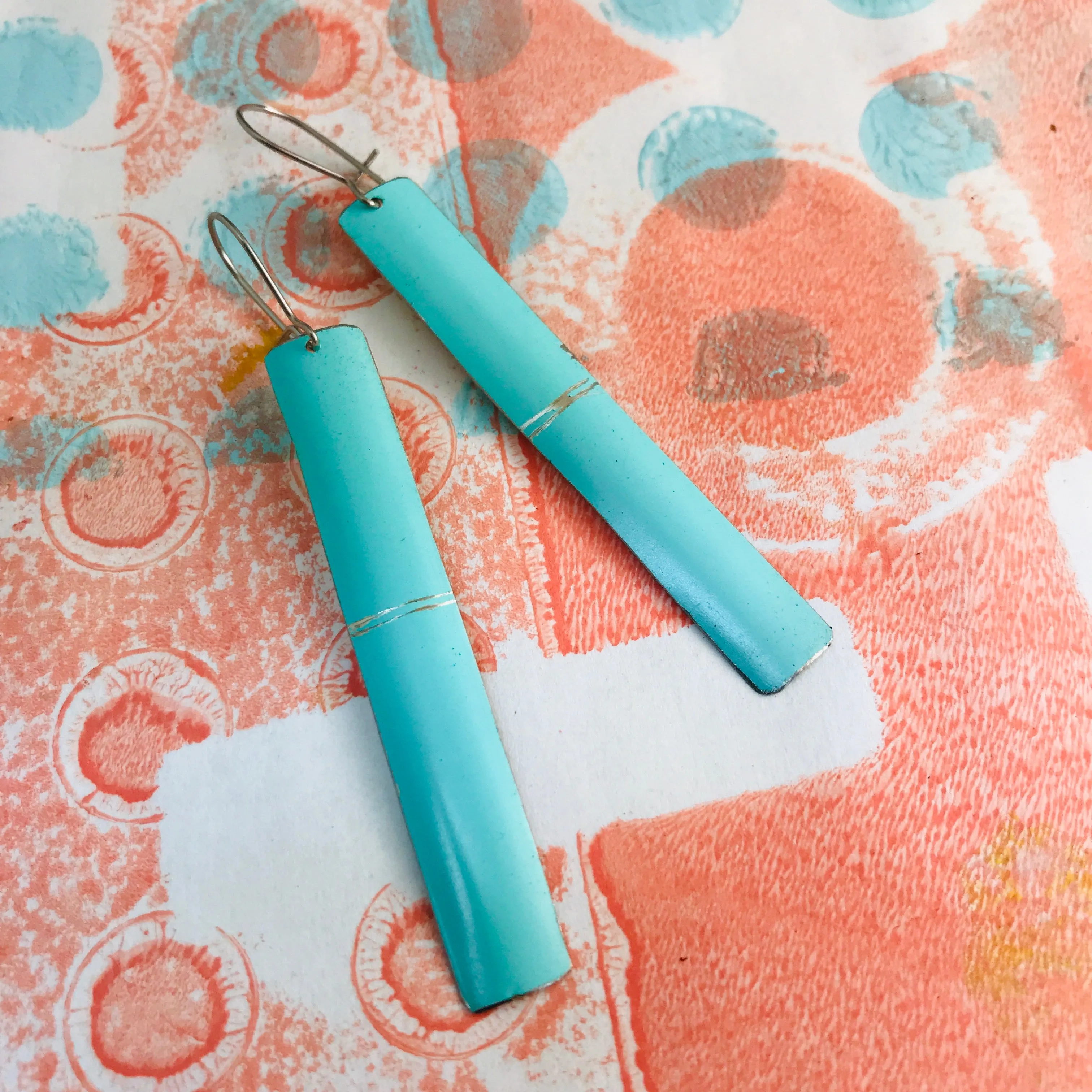 Simple Aqua Narrow Rectangle Tin Earrings