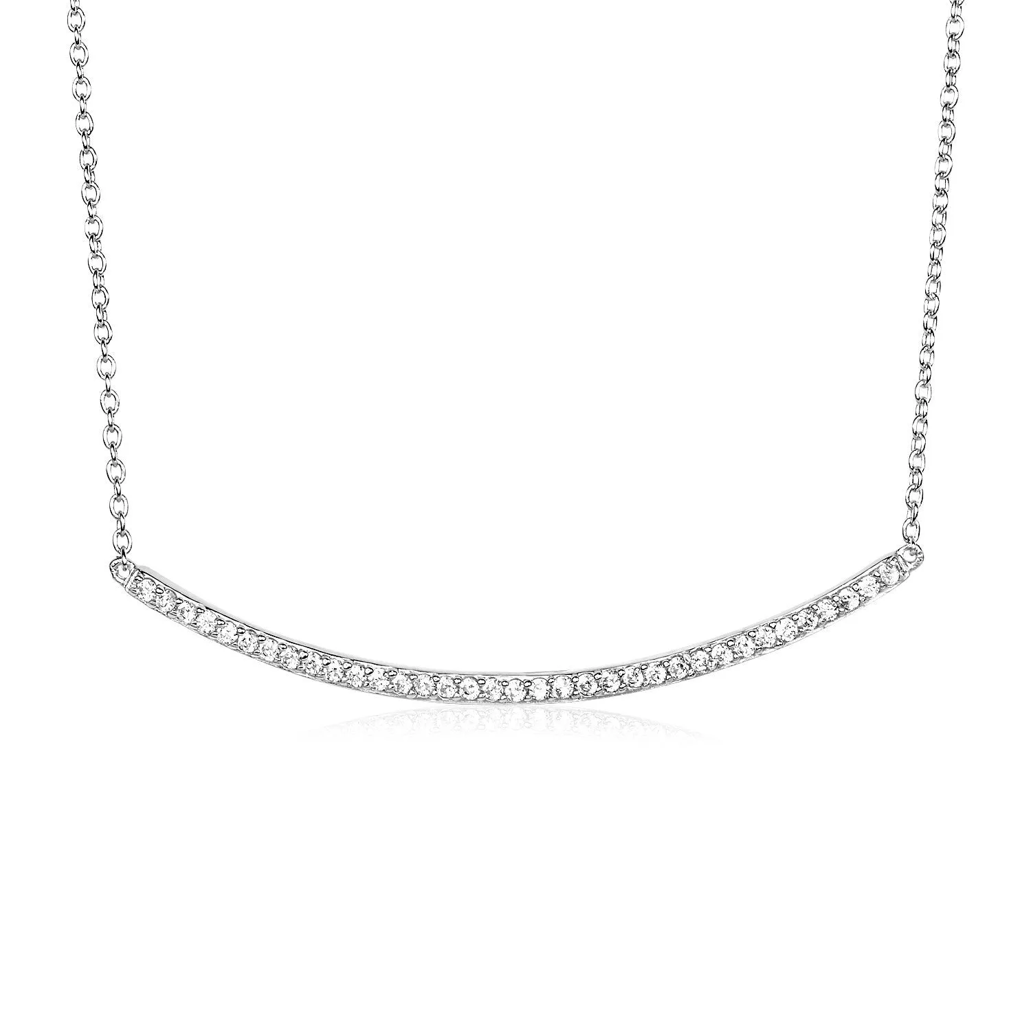 Size: 18'' - Sterling Silver Curved Bar Necklace with Cubic Zirconias