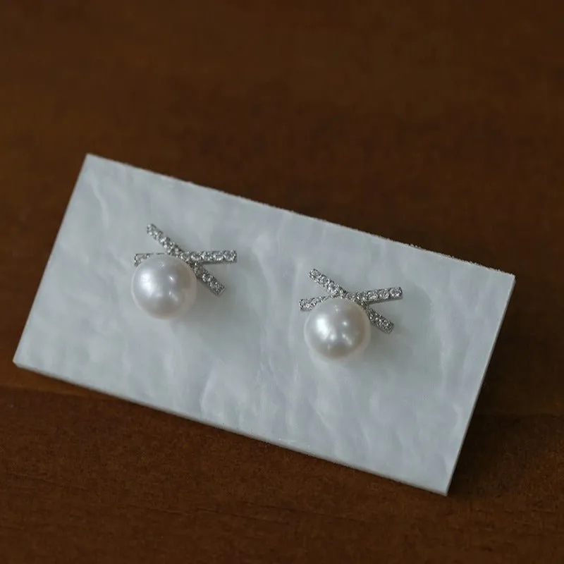 Sparkling X-Shaped Pearl Stud Earrings