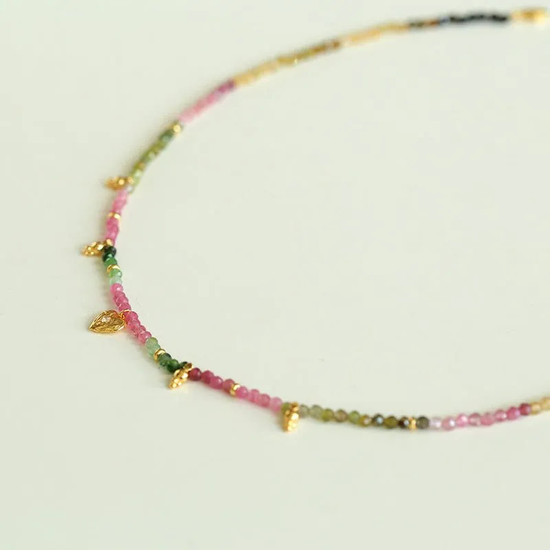 Sterling Silver Heart Natural Tourmaline Rainbow Beaded Necklace