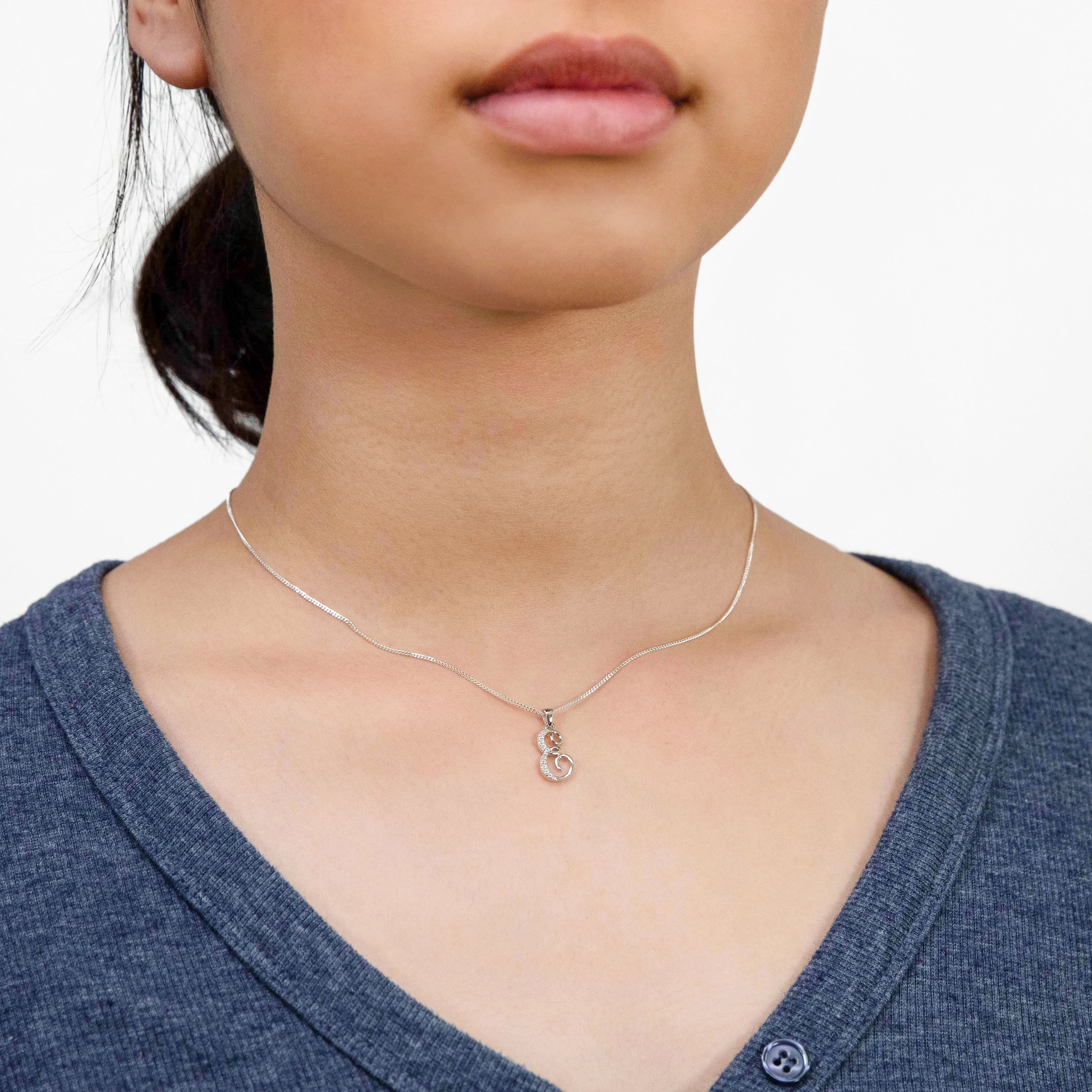 Sterling Silver Rhodium Plated Script "E" Initial Pendant