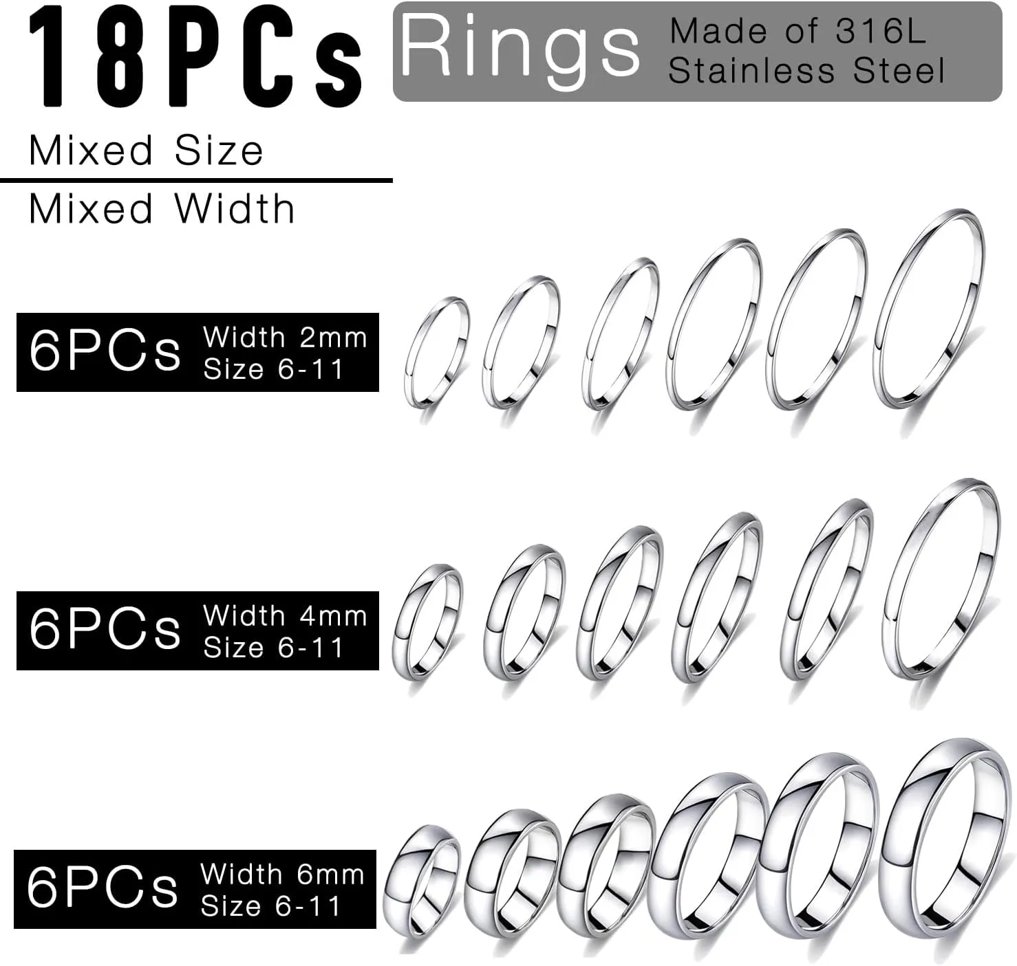 stino 18Pcs Non Tarnish Silver Rings Set for Women & Men, 316L Gold Stainless Steel Rings Bulk 2mm 4mm 6mm