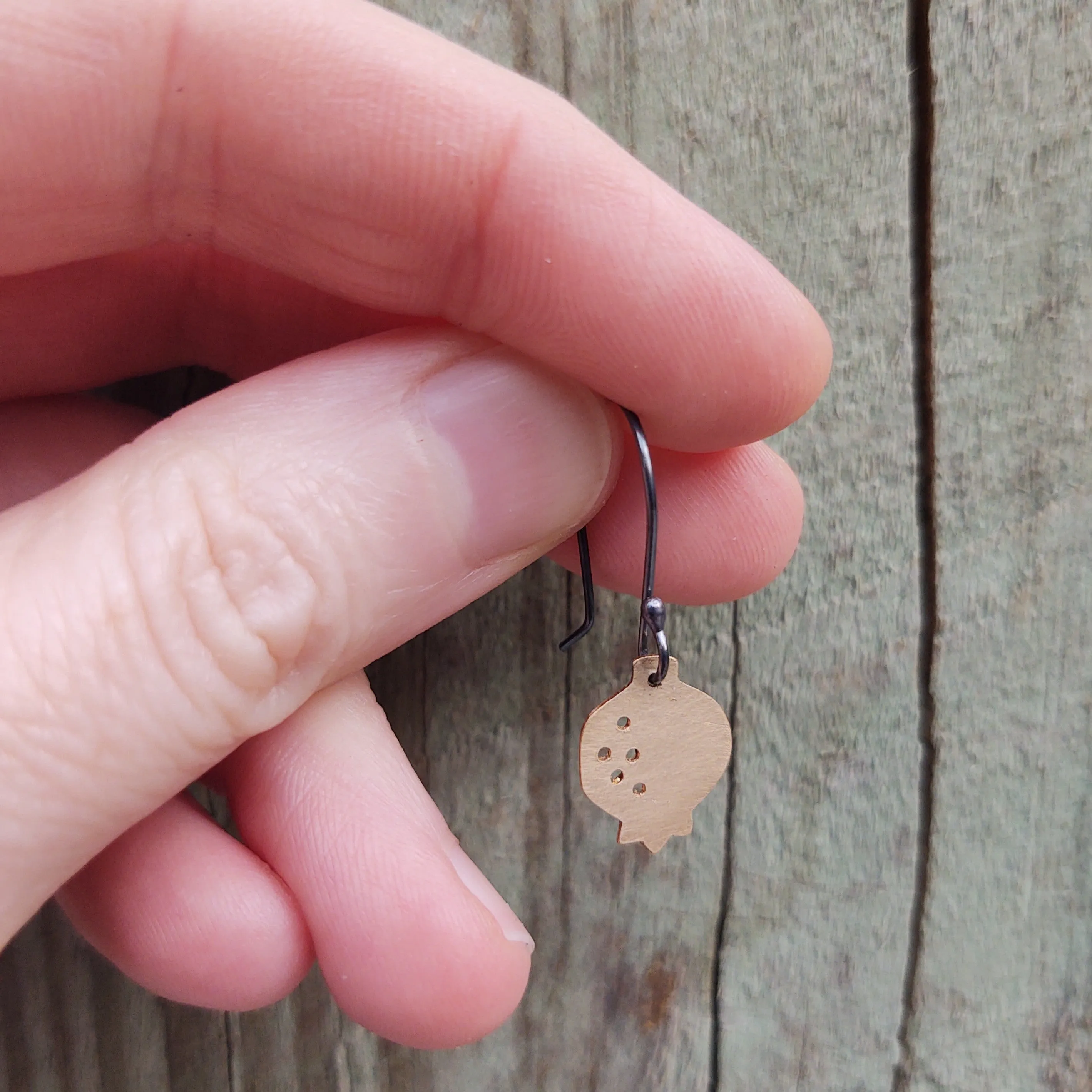 Tiny Flat Golden Pomegranate Dangle Earring--Brushed Gold Filled Metal on Oxidized Silver Earwires