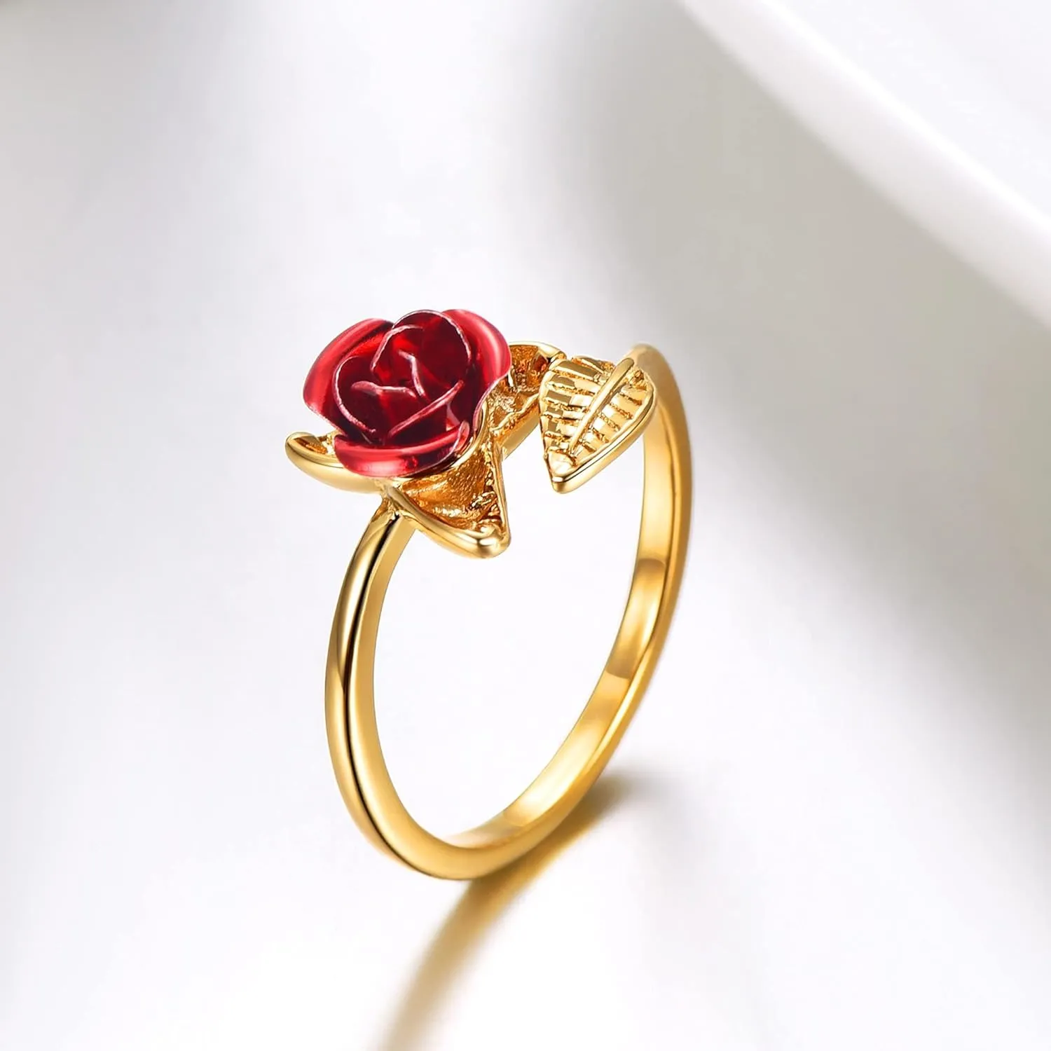 U7 Rose Flower Ring, Stackable Band Ring for Women Girls, Platinum Silver/Gold/Rose Gold Red Signet Rings Adjustable Fit Size 5 to 10