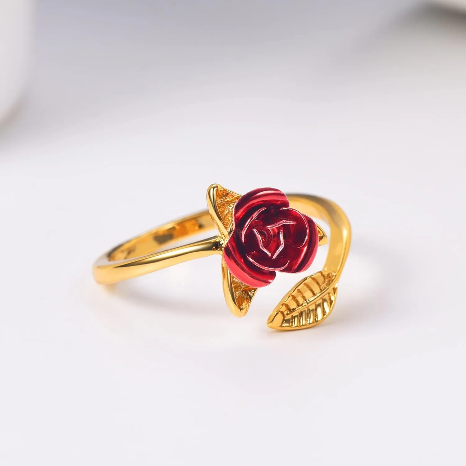 U7 Rose Flower Ring, Stackable Band Ring for Women Girls, Platinum Silver/Gold/Rose Gold Red Signet Rings Adjustable Fit Size 5 to 10
