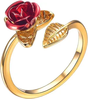 U7 Rose Flower Ring, Stackable Band Ring for Women Girls, Platinum Silver/Gold/Rose Gold Red Signet Rings Adjustable Fit Size 5 to 10