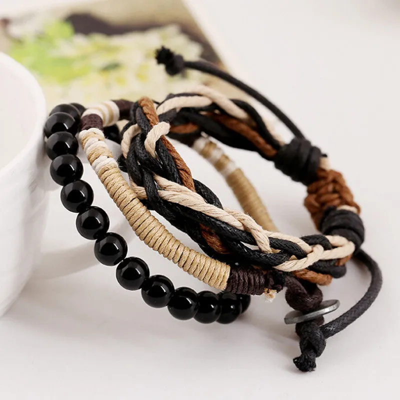 Vintage Black Wooden Ball Beads Strand Bracelets Handmade Rope Braided Charm Bracelet