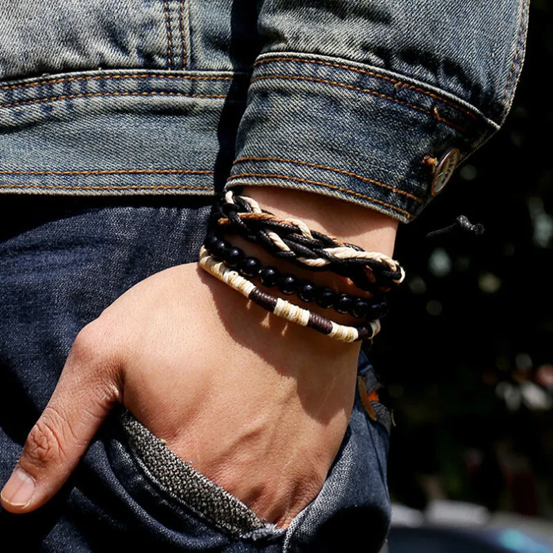 Vintage Black Wooden Ball Beads Strand Bracelets Handmade Rope Braided Charm Bracelet