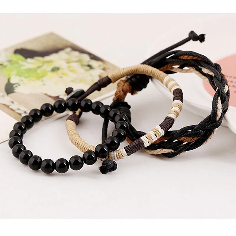 Vintage Black Wooden Ball Beads Strand Bracelets Handmade Rope Braided Charm Bracelet