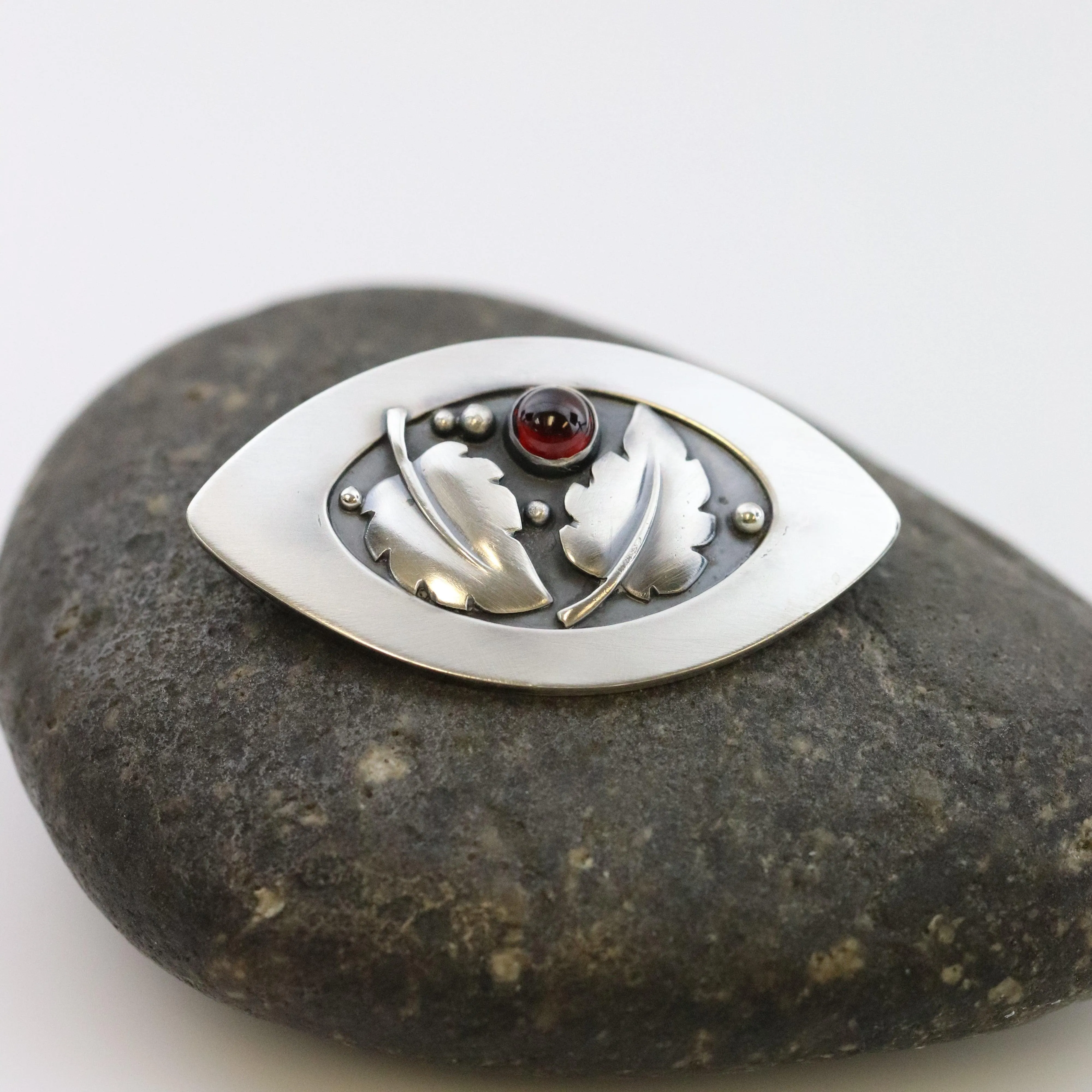 Vintage Lawrence Foss Silver Jewelry | Foliate and Garnet Brooch