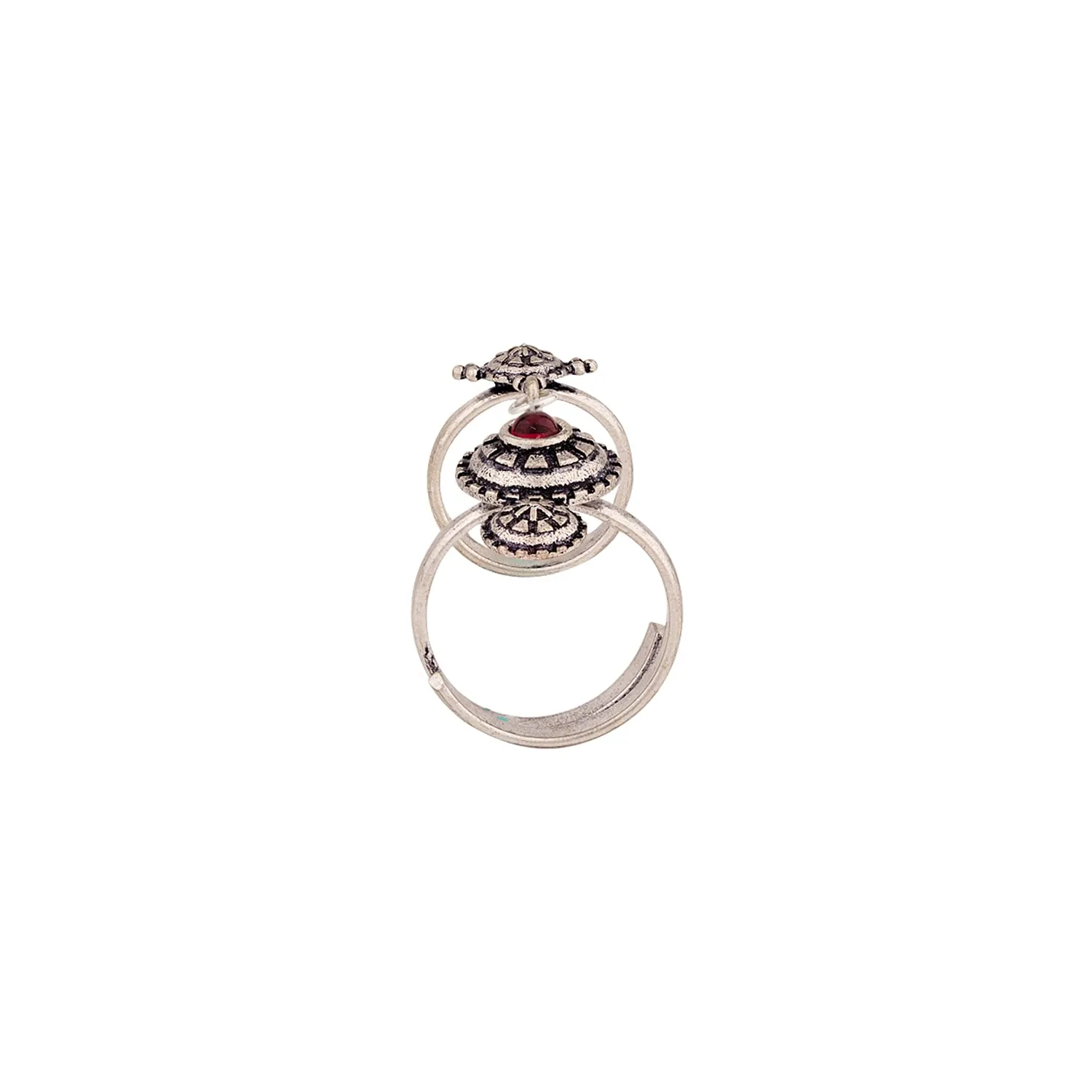 Voylla Brass Silver Oxidised Adjustable Two Finger Ring with Red Stone for Women and Girls